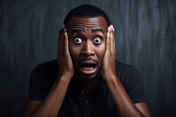 Fototapeta premium Black History Month, African American man look with fear, terrified African man staring in horror
