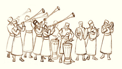 An ancient orchestra is playing. Pencil drawing