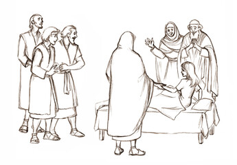 Healing of the daughter of Jairus. Pencil drawing
