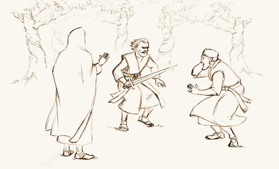 Obraz premium The guy with the sword attacks the man. Pencil drawing