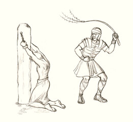 Pencil drawing. Punishment torture by flagellation
