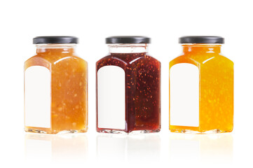 orange marmalade, raspberry jam and ginger lemon canned in glass jar isolated mockup template. sweet food dessert with white label isolated