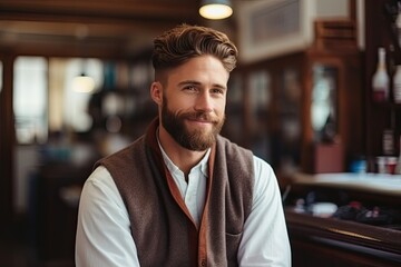 Obraz premium A stylish and attractive businessman exuding confidence at a lounge, showcasing elegance and modern style.