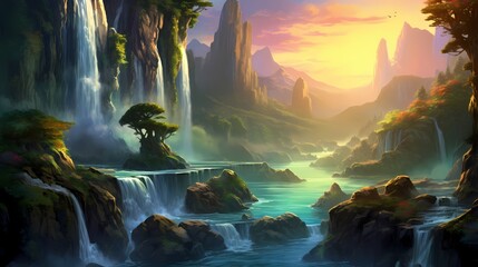 Cascading waterfalls of emerald green and sapphire blue against a backdrop of radiant sunrise hues.