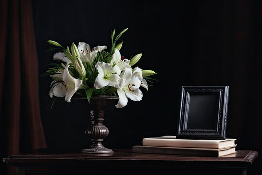 A vintage still life featuring an elegant vase with lilies, books, and a delicate floral arrangement.