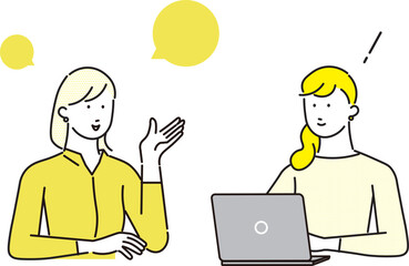 パソコンの前の女性と話す女性ー上半身ービジネス女性アイコンーシンプルベクターイラスト素材