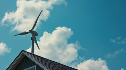 Sustainable Living. Green energy. At home production. Small Wind Turbine Harnessing Clean Energy atop a Rural Seaside Beach House on an overcast day.