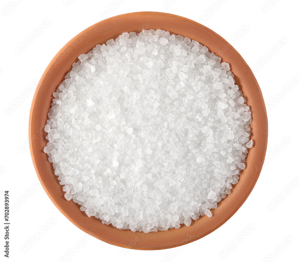 Wall mural Coarse sea salt in clay pot isolated on white, top view - Wall murals