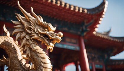 Obraz premium A wooden dragon statue shining in the sun, a symbol of the Chinese New Year