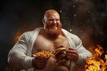 A chubby bodybuilder with massive arms, smiling with a burger and French fries.