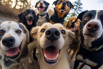 Cute dogs of different breeds taking a selfie together