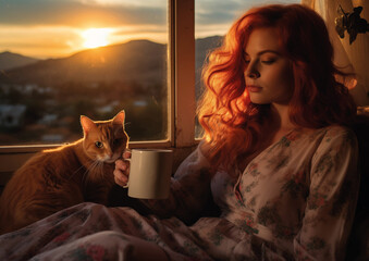 A woman rests with a pet, a mountain landscape from the window