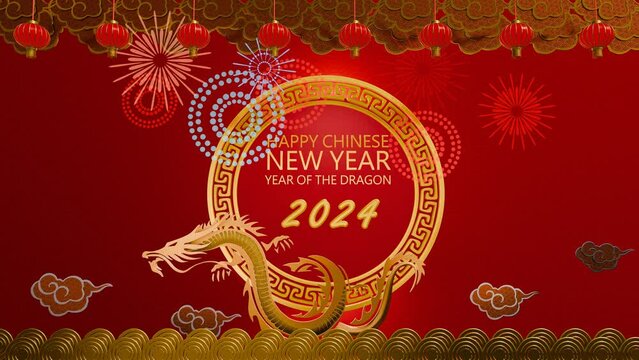 Background image for Chinese New Year 2024. New Year greeting theme: golden dragon and auspicious red. Traditional Chinese red auspicious lantern. 3D Rendering
