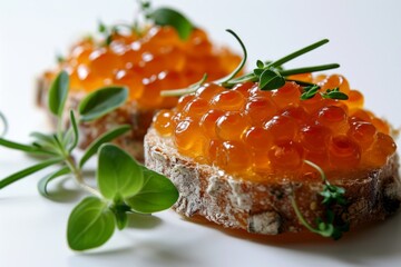 Red caviar on a toast, rich in omega fats and vitamins, delicious russian food