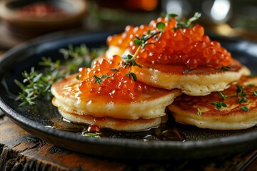 Pancakes with red caviar in a pan - obrazy, fototapety, plakaty