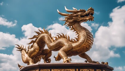 Obraz premium A wooden dragon statue shining in the sun, a symbol of the Chinese New Year