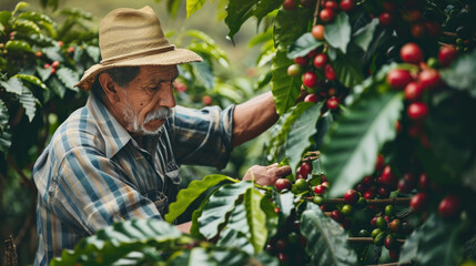 Colombian coffee farm owner checking the quality of his beans