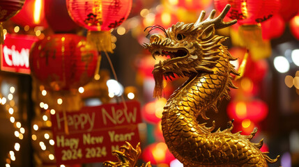 Fototapeta premium Gold dragon year and Chinese Happy New Year