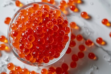 Red caviar in a bowl on white background, top view