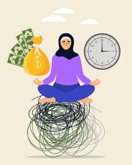Stress management, meditation or relaxation to reduce anxiety, control emotion during problem solving or frustration work concept, muslim woman in lotus meditation on chaos mess line