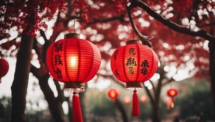 Obraz premium Beautiful traditional lanterns hanging from a tree during Chinese lunar new year