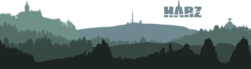 Mythen, Felsen, Berge und Wälder - Landschaft im Harz -Vektor Silhouetten