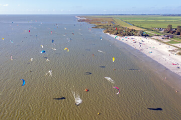 Aerial from kite surfing at thhe beach from Workum in Friesland the Netherlands at the IJsselmeer