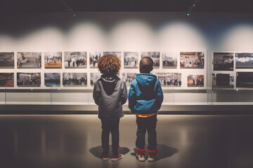 Focus on back view small two afro American kid boys with interest looking on pictures on the wall in gallery in Black history in community center on Black history month celebration. - obrazy, fototapety, plakaty