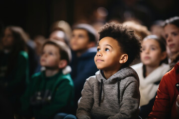 Focus on small afro American boy watching performance, attentively listening to the lecture about civil rights movements of Black history in community center on Black history month celebration. - obrazy, fototapety, plakaty