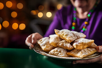 Focus on Beignets: few fried dough pastries dusted with powdered sugar, a popular Mardi Gras treat on the festive plate in hands of retired woman celebrating Mardi gras carnival.