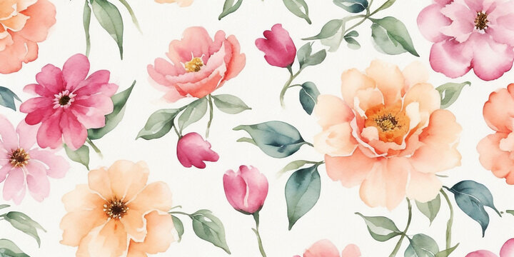 Seamless Drawing Watercolor Floral Blossom Botanical Texture Painting Flower Pattern Fabric Print Nature Background Illustration.Retro Vintage Spring Pink Color Plant Garden Painting Wallpaper Design.