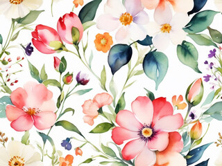 Seamless Drawing Watercolor Floral Blossom Botanical Texture Painting Flower Pattern Fabric Print Nature Background Illustration.Retro Vintage Spring Pink Color Plant Garden Painting Wallpaper Design.