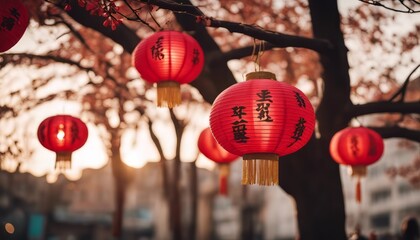 Beautiful traditional lanterns hanging from a tree during Chinese lunar new year