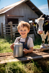 a boy drinks fresh milk on the background of a cow farm.