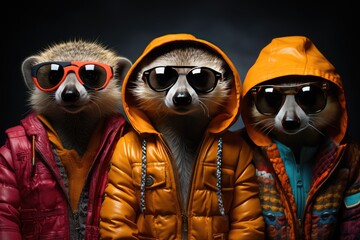 Creative animal concept. Meerkat in a group, vibrant bright fashionable outfits isolated on solid...