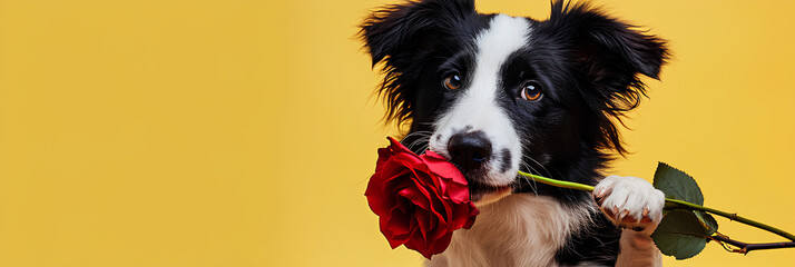 Valentine's Day concept. Funny portrait cute puppy dog border collie holding a red rose flower in mouth isolated on a yellow background, copy space for text,