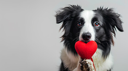 Valentine's Day concept. Funny portrait cute puppy dog border collie holding a red heart on its nose isolated on a white background. Lovely dog in love on valentines Day gives gift