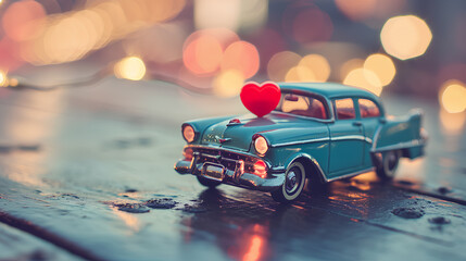  Retro toy car on roof Valentine heart, Valentine's Day concept, copy space for text - obrazy, fototapety, plakaty