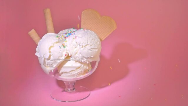 scoops of vanilla flavor ice cream in glass bowl with strewed sprinkles and cigars, waffle cookies on pink background