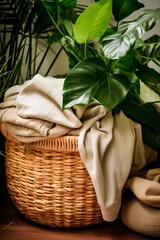 wicker basket for storing clothes for washing. on the background of the wall and plants. - obrazy, fototapety, plakaty