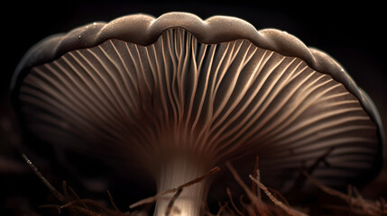 fungal structures - close up view of a mushroom's gills underside its cap - obrazy, fototapety, plakaty