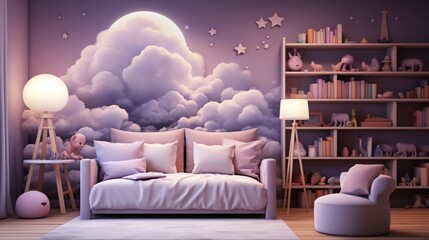 Dreamy purple kids bedroom interior with cloud wallpaper