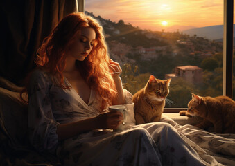 A woman rests with a pet, a mountain landscape from the window