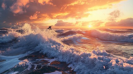 A beautifully lit scene of a wave energy converter in action, with powerful waves crashing against it, during a vibrant sunset.