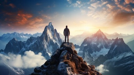 A man stands on top of a mountain - obrazy, fototapety, plakaty