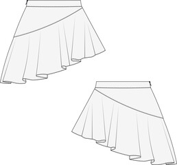 frilly asymmetric short mini skirt template technical drawing flat sketch cad mockup fashion woman design style model jean denim - obrazy, fototapety, plakaty