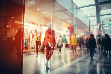 Blurred large storefronts in a shopping center with blurry colorful mannequins and shoppers
