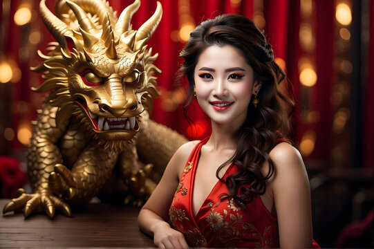 Chinese woman posing with a golden dragon, generative AI