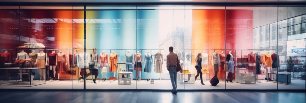 Blurred large storefronts in a shopping center with blurry colorful mannequins and shoppers, banner