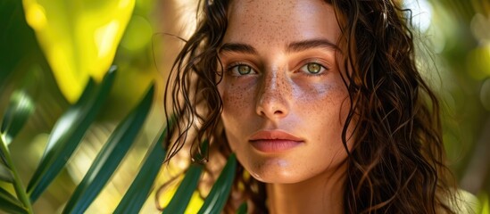 Flawless brunette woman with healthy hair and natural makeup in tropical surroundings - obrazy, fototapety, plakaty